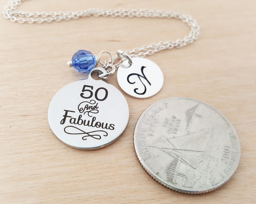 50 and Fabulous Charm Necklace – Birthday Gift with Swarovski Birthstone & Initial | Personalized Jewelry for Her