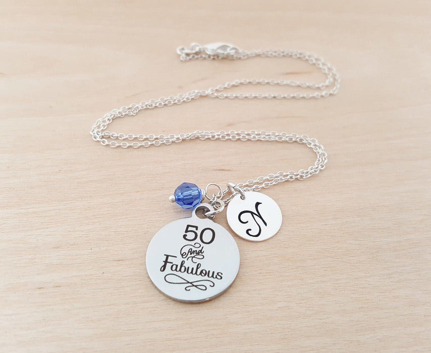 50 and Fabulous Charm Necklace – Birthday Gift with Swarovski Birthstone & Initial | Personalized Jewelry for Her