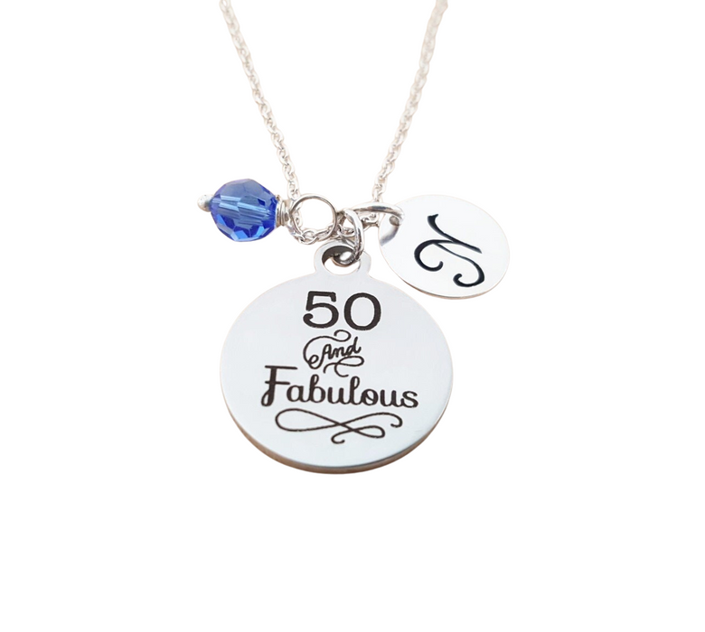 50 and Fabulous Charm Necklace – Birthday Gift with Swarovski Birthstone & Initial | Personalized Jewelry for Her