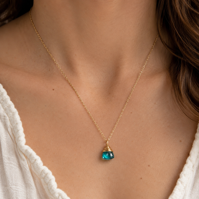Teal Hydro Quartz Necklace | Wire Wrapped 14K Gold Filled