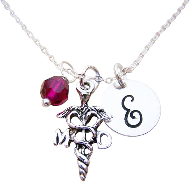 MD Necklace Personalized Initial Birthstone Necklace Doctor Gift Sterling Silver Medical Charm Necklace Graduation Gift for Doctor