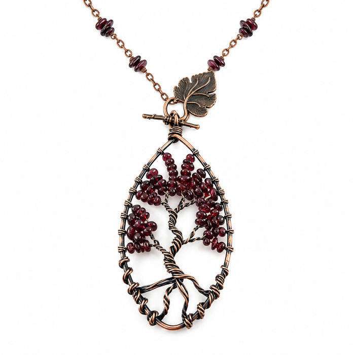 Garnet Tree of Life Pendant Necklace – Copper Wire Wrapped, 32 Inch Chain