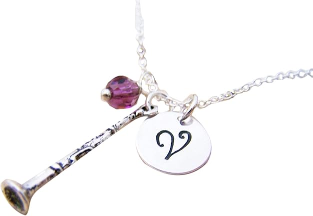 Personalized Clarinet Charm Necklace – Initial Pendant, 18 Inch Sterling Silver Chain, Music Gift