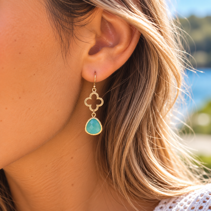 Aquamarine Glass Clover Earrings – Gold
