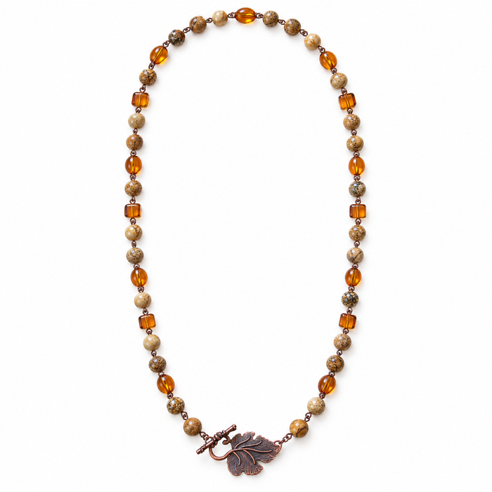 Jasper & Amber Glass Necklace with Copper Leaf Clasp