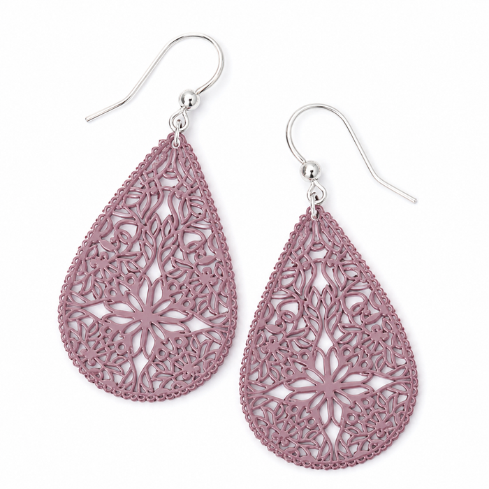 Pink Filigree Teardrop Earrings | Sterling Silver Ear Wires