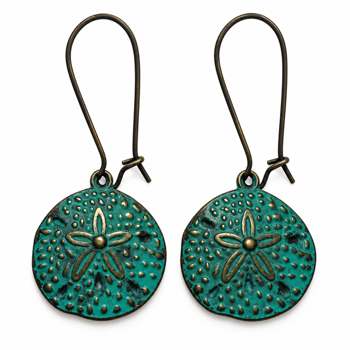 Teal Patina Brass Sand Dollar Earrings