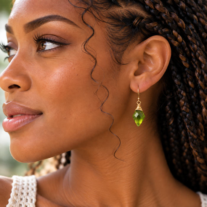 Peridot Diamond Briolette Earrings – 14K Gold Filled