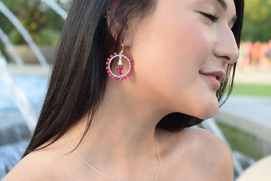 Pink Sapphire and Rubellite Gemstone Wire Wrapped Hoop Earrings