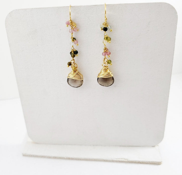 Smokey Topaz and Rainbow Tourmaline Gemstone 14k Gold Filled Earrings