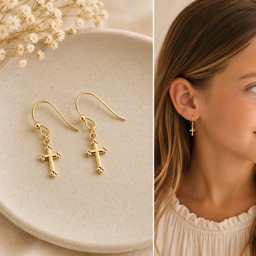 Gold cross earrings on a beige plate with a close-up of a girl wearing them.