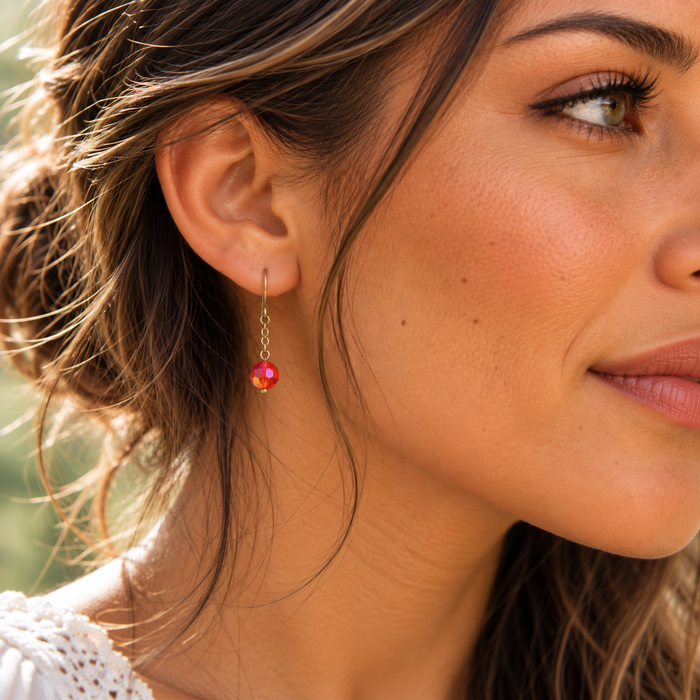 Dainty Red Swarovski Crystal Chain Dangle Earrings – Gold Brass