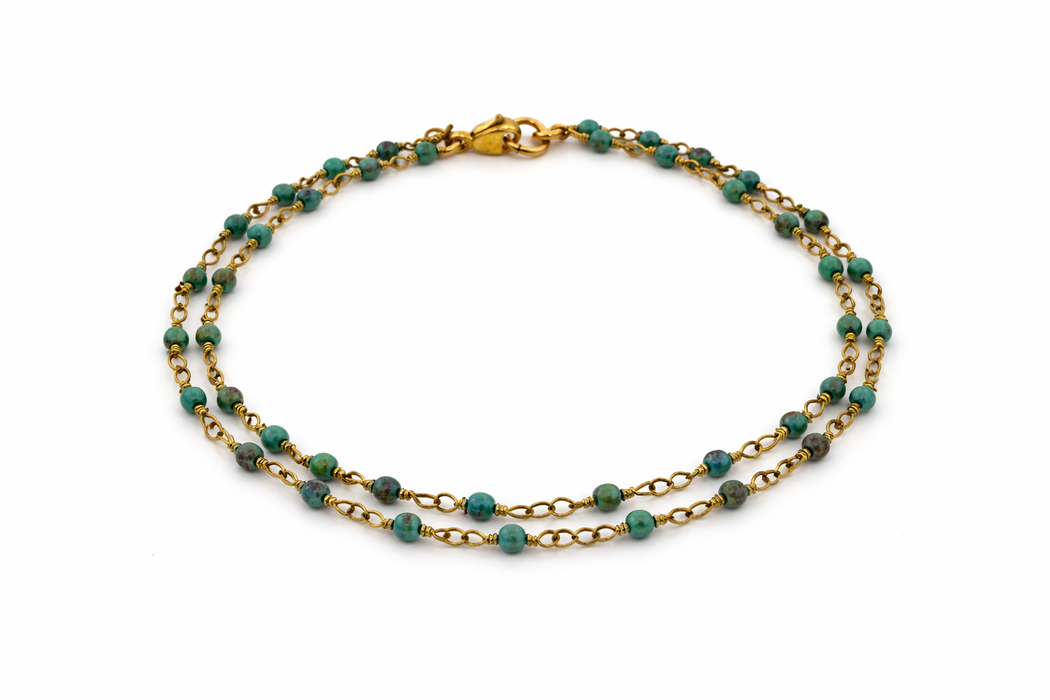 African Turquoise Double Strand Bracelet – Gold Filled Rosary Chain – 7.5” Layered Beaded Bracelet