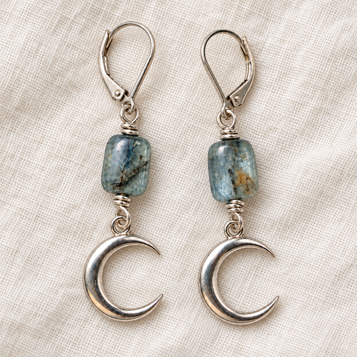 Kyanite Crescent Moon Earrings in Sterling Silver