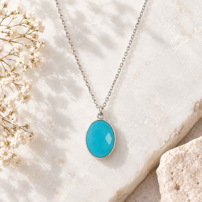 Dainty Turquoise Oval Pendant Necklace – 10x14mm Faceted Gemstone, 18" Sterling Silver Chain