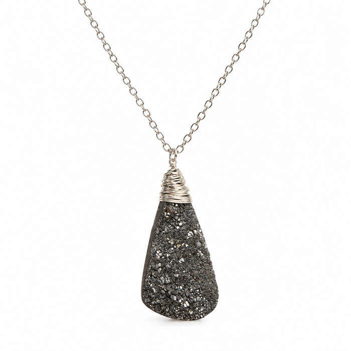 OOAK Gray Druzy Wire-Wrapped Sterling Silver Necklace