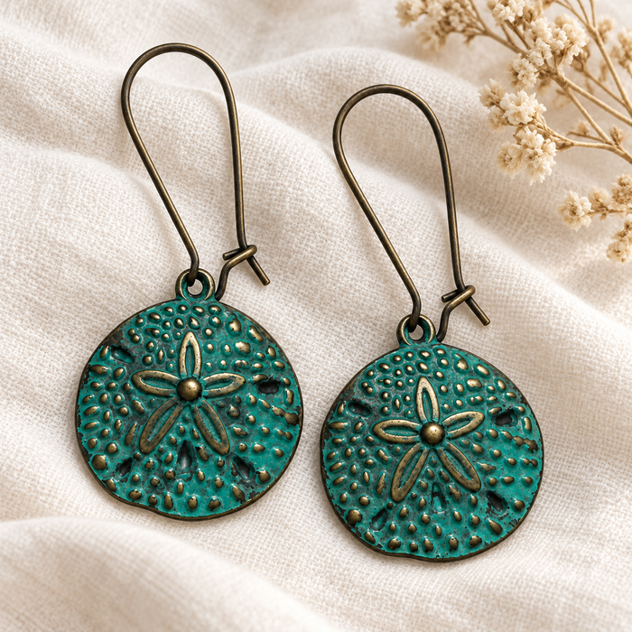 Teal Patina Brass Sand Dollar Earrings