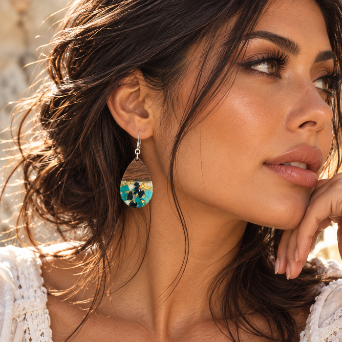 Upcycled Wood & Resin Teardrop Earrings - Sterling Silver