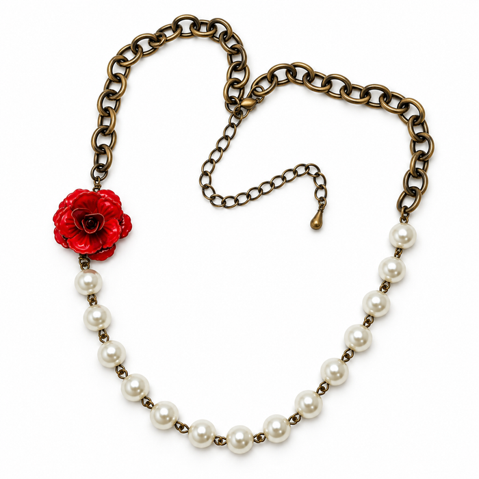 Vintage Inspired Red Rose & Pearl Necklace – One of a Kind