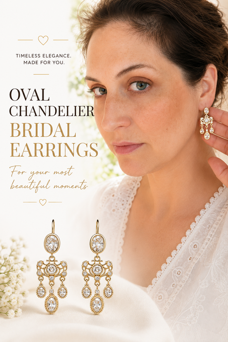 Oval Chandelier Bridal Earrings – 18K Gold Plated Crystal Statement Earrings