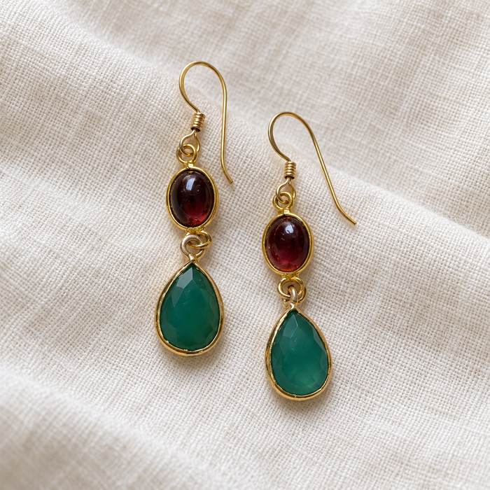 Dainty Green Onyx & Garnet Earrings