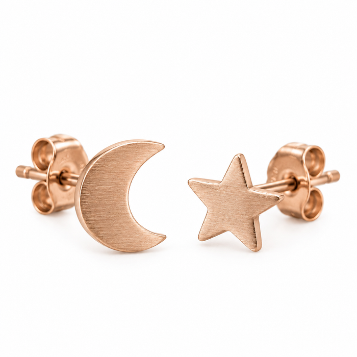 Mismatched Moon & Star Stud Earrings – Rose Gold Stainless Steel