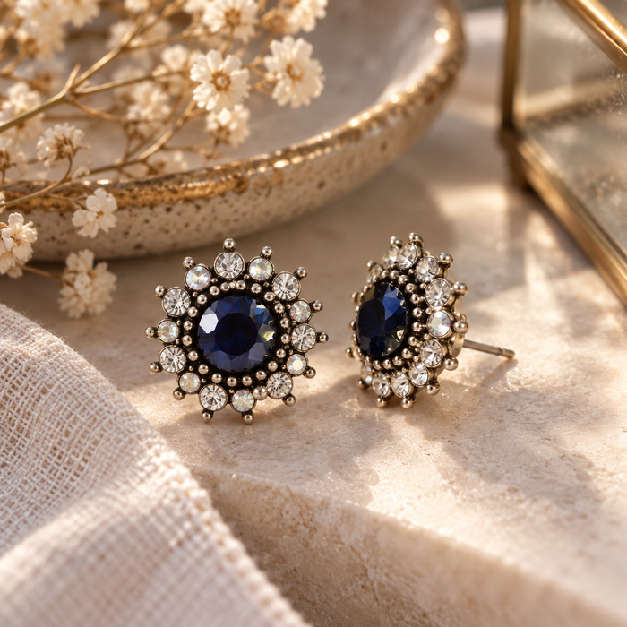 Navy Blue Crystal Halo Stud Earrings