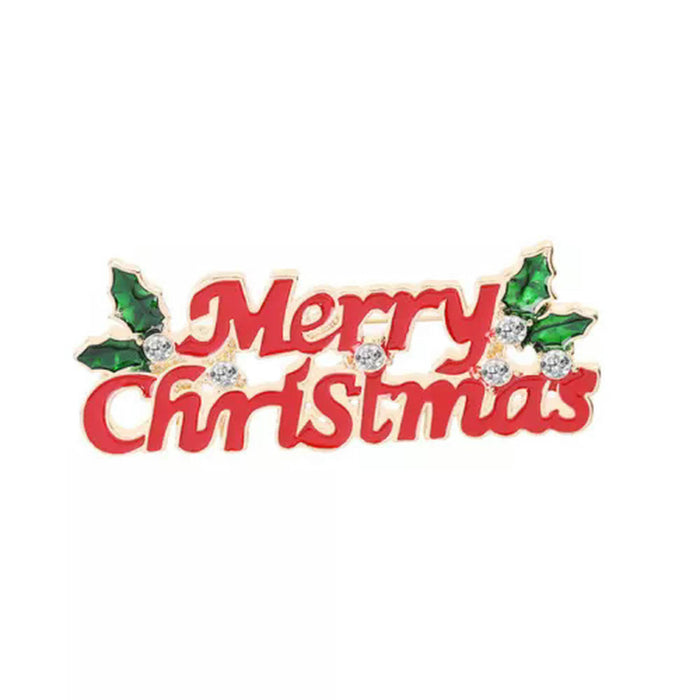Merry Christmas Enamel Brooch Pin with Crystals & Holly – Festive Holiday Accessory