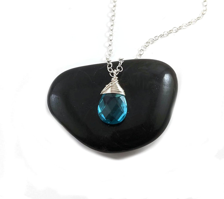 Blue Topaz Quartz Necklace December Birthstone Sterling Silver Wire Wrapped Briolette Pendant Gift for Her