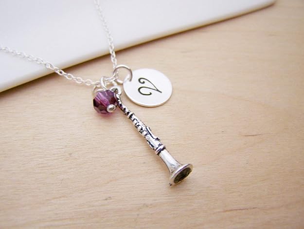 Personalized Clarinet Charm Necklace – Initial Pendant, 18 Inch Sterling Silver Chain, Music Gift