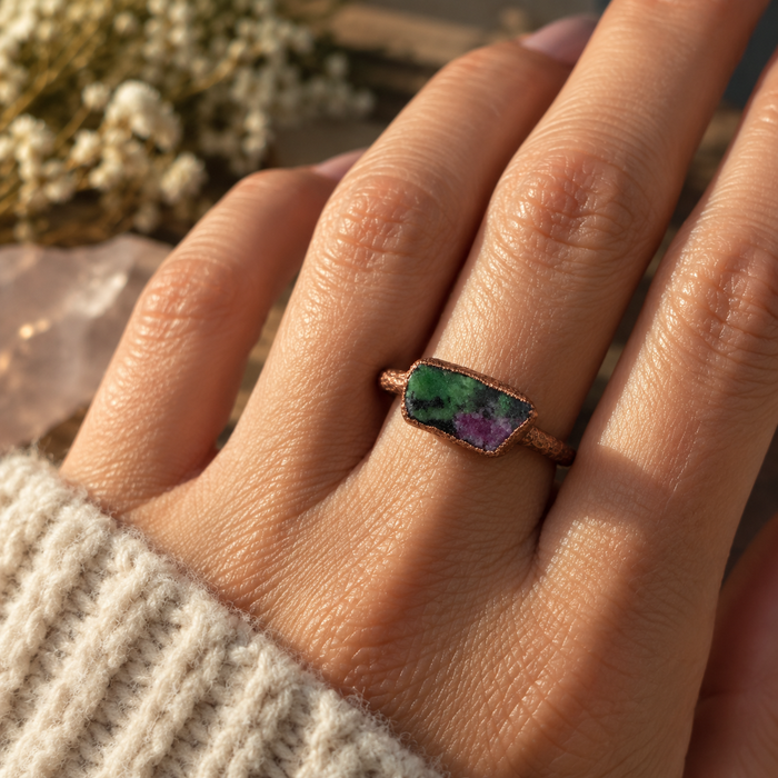 OOAK Ruby Zoisite Anyolite Copper Ring – Size 7
