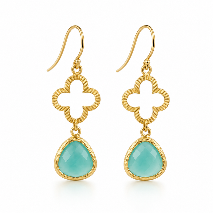 Aquamarine Glass Clover Earrings – Gold