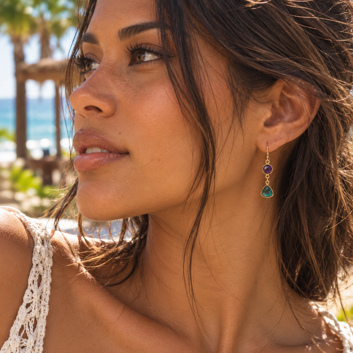 Amethyst & Green Hydro Quartz Bezel Drop Earrings