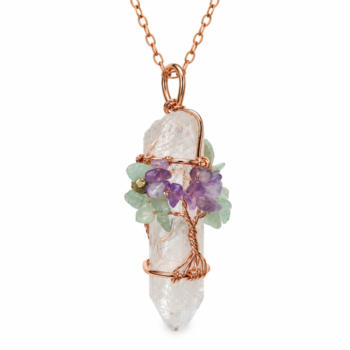 Quartz Crystal Tree of Life Necklace – Amethyst & Aventurine