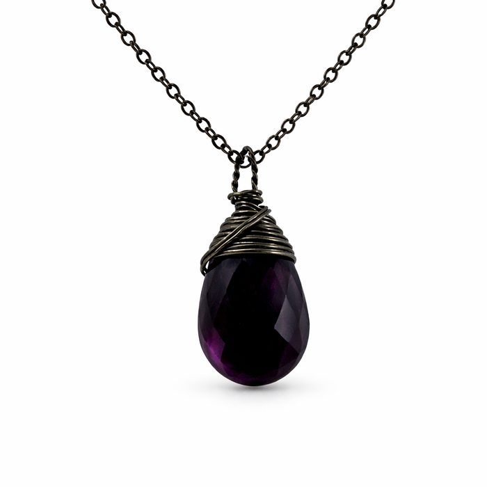 Dark Purple Hydro Quartz Necklace – Oxidized Sterling Silver – Wire Wrapped Pendant – 18" Chain
