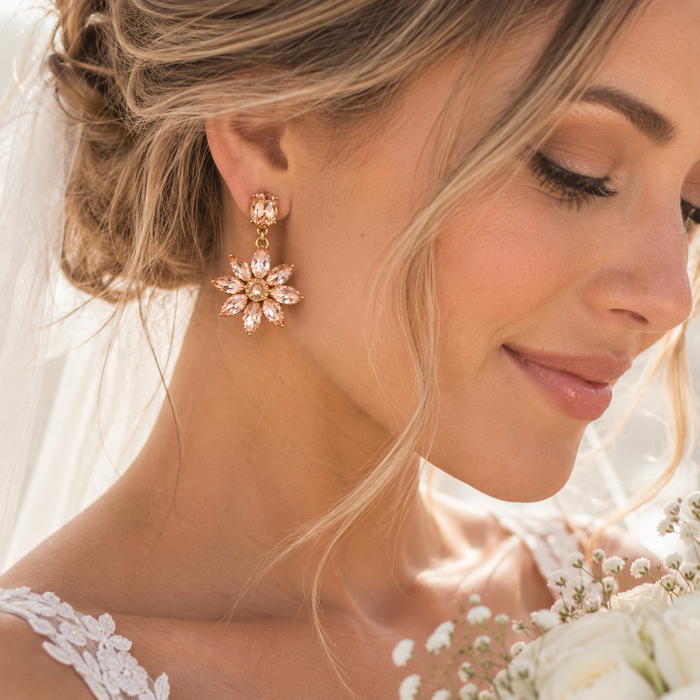 Peach Crystal Flower Statement Earrings