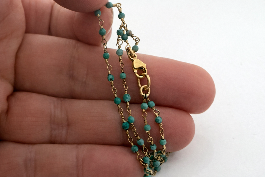 African Turquoise Double Strand Bracelet – Gold Filled Rosary Chain – 7.5” Layered Beaded Bracelet