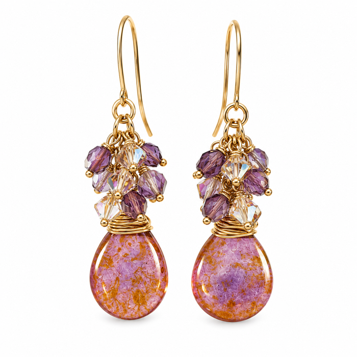 Pink Czech Glass & Swarovski Crystal Cluster Earrings – 14K Gold Filled