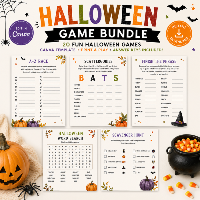 Halloween Party Games Bundle | 20 Printable Halloween Games | Editable in Canva