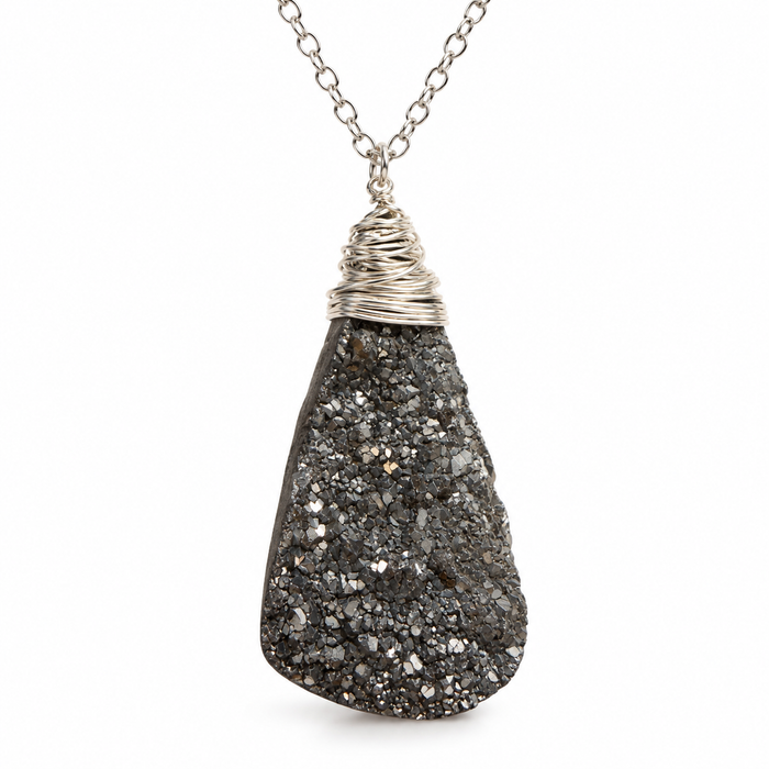 OOAK Gray Druzy Wire-Wrapped Sterling Silver Necklace