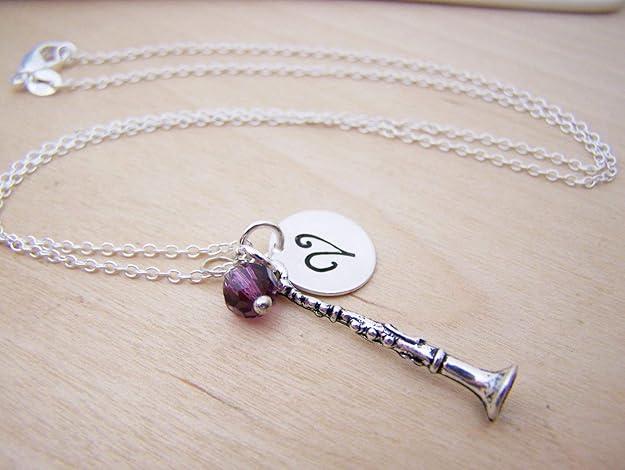Personalized Clarinet Charm Necklace – Initial Pendant, 18 Inch Sterling Silver Chain, Music Gift