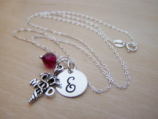 MD Necklace Personalized Initial Birthstone Necklace Doctor Gift Sterling Silver Medical Charm Necklace Graduation Gift for Doctor