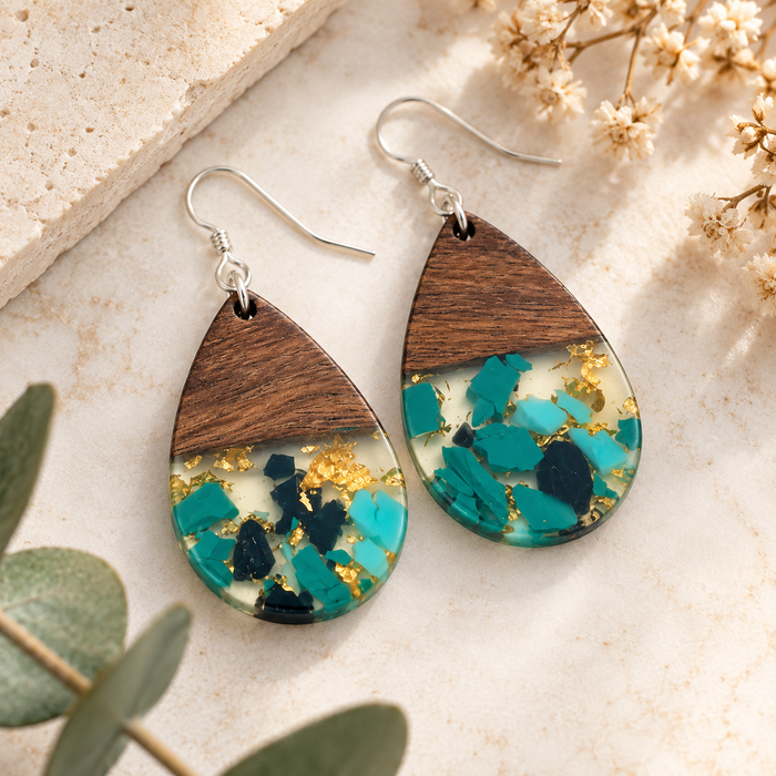 Upcycled Wood & Resin Teardrop Earrings - Sterling Silver