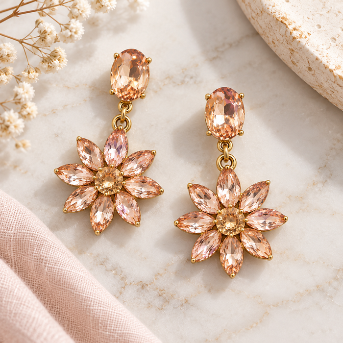 Peach Crystal Flower Statement Earrings