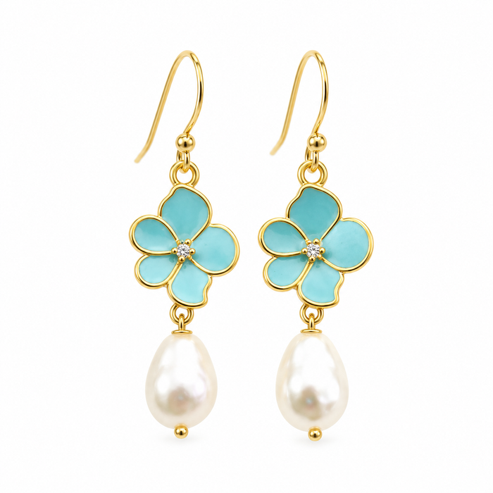 Aqua Flower & Pearl Earrings – 14K Gold Filled