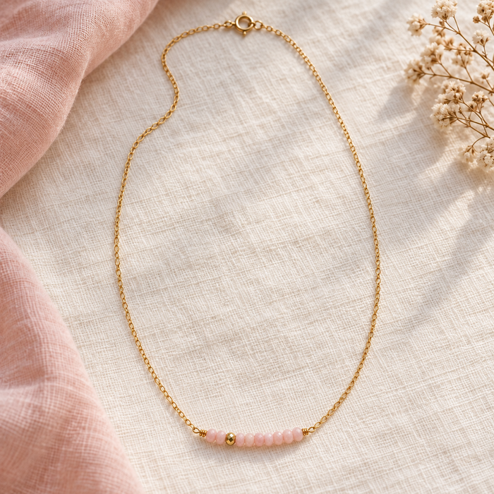Pink Opal & Gold Pyrite Bar Necklace