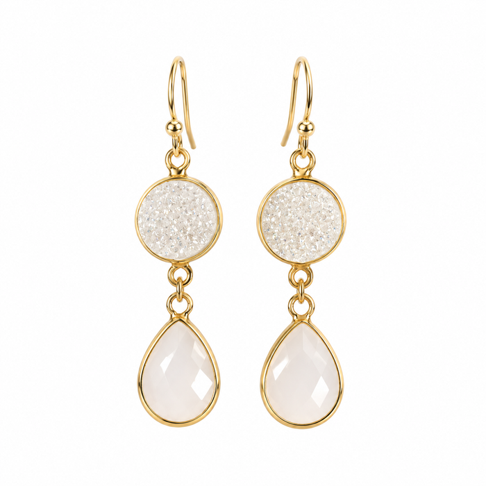 White Druzy & Glass Drop Earrings – 14k Gold Filled