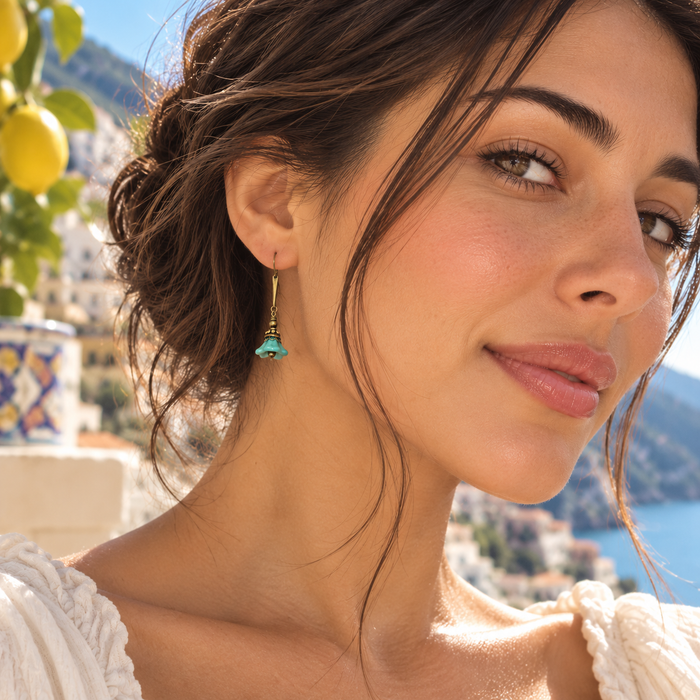 Czech Glass Turquoise Flower Earrings – Brass