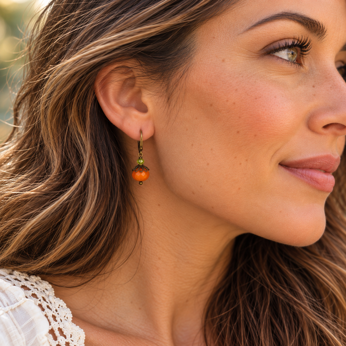 Czech Glass Pumpkin Earrings – Orange & Green Fall Earrings