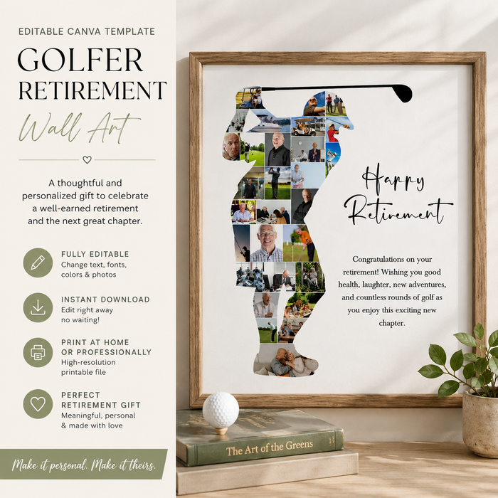 Golfer Retirement Wall Art Template | Editable Canva Retirement Gift
